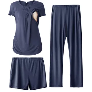 SUNNYBUY Damen Umstandsmode Stillpyjama-Set, 3-teiliges Schlafanzug Set | Kurzarm-Stillshirts, Schwangerschafts-Shorts & Hosen für jede Jahreszeit, Lounge Set Für Tag & Nacht