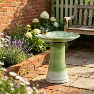 Keramik-Vogelbad Ø43x45cm, Blütenrelief, Verlaufsglasur, frostfest, wetterfest, Garten/Terrasse. Green