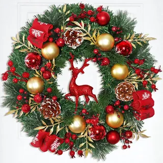 Dremisland Rot Rentier Weihnachtskranz für Haustür 44cm Künstliche Tannenkranz Adventskranz Türkranz Weihnachten Außen Ball Türschmuck Beerenhaufen Grün Weihnachtsdeko Innen Außen Wand Wohnkultur