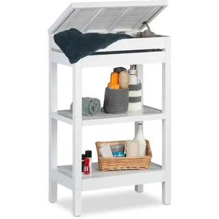 Relaxdays Badregal Bambus, Küchenregal, Standregal, mit 3 Ablagen, Fach mit Klappe, offen, HBT 76,5 x 46 x 29,5 cm, weiß