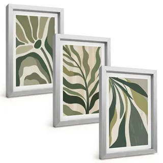 Tulup Bilder SET 3er Set - 20x30 cm Silberner Rahmen - Illustrationen gemalter grüner Blätter , Silberfarben , Kunststoff , Rechteckig , 20x30 cm , einfache und schnelle Anbringung , Bilder & Rahmen, Bilder