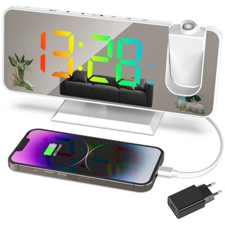 Exmate Projektionswecker, Digital Wecker mit Projektion, USB-Ladeanschluss, 7.5'' Dynamischer RGB-Spiegelbildschirm, Snooze Dual-Alarm, Einstellbare Helligkeit (Weiß mit Adapter)