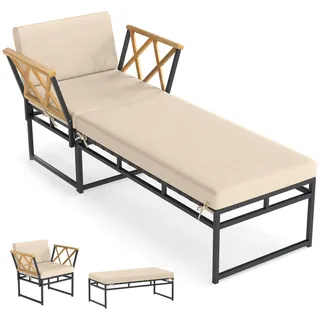 FANTASK Gartenliege mit Armlehnen Akazienholz, Sonnenliege mit Kissen & Hocker, freie Kombination, Loungesessel, Liegestuhl für Garten, Balkon, Terrasse