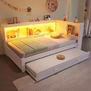 Sweiko Daybett, 90 x 200 cm, Schlafsofa, Tagesbett mit ausziehbarem Bett, Mit LED-Leuchten, Mit Steckdose, 1 USB-Anschlüssen, 1 Typ-C ausgestattet, Ohne Matratze, Weiß - Weiß