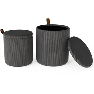 FANTASK 2er Set Rund Ottoman mit Stauraum (25L + 40L), stilvoller Sitzhocker verschachtelbar mit Deckel, Schminkhocker für Wohnzimmer, Schlafzimmer & Flur (Dunkelgrau)