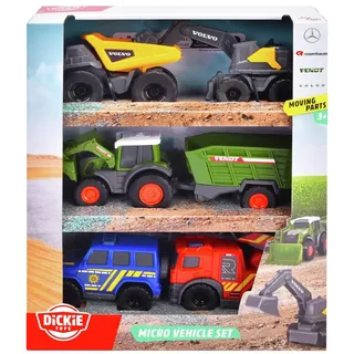 Dickie Toys - 5er-Set Micro Spielzeugautos (je ca. 8 cm) - 5 Autos (Polizei, Feuerwehr, Bagger, Traktor mit Anhänger und Muldenkipper) mit Freilauf und beweglichen Teilen für Kinder ab 3 Jahre