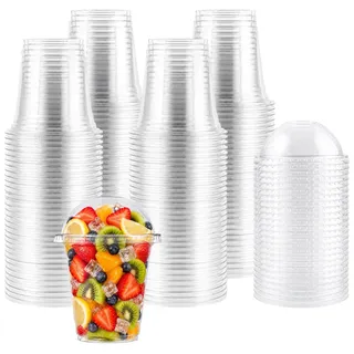 STARVAST 100 Stück Plastikbecher mit Deckel 360 ml, Transparente PET Becher mit Domdeckel und Auslaufschutzpapier, To Go Becher für Smoothie, Bubble Tea, Eiskaffee und Kaltgetränke