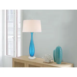 Große LED Jugendstil Tischleuchte mit Glasfuß & Stoffschirm Wohnzimmer Sideboard - Blau, Weiß
