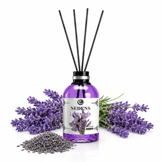 NEDENS Duftstäbchen Mikado 110 ml – Raumduft mit 4 Bambusstäbchen, langanhaltender Duft, dekorative Glasflasche, Intensität regulierbar, ideal für Wohnzimmer, Bad, Flur & Büro (Lavendel)