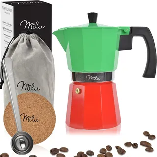Milu Espressokocher (No Induktion) | 2, 3, 6, 9 Tassen | Aluminium Mokkakanne, Espressokanne, Espresso Maker Set inkl. Untersetzer, Löffel, Bürste (Italia, 3 Tassen (150ml)