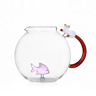 Ichendorf Milano Krug, Rosa Fisch und Weiße Katze, Kollektion Tabby Cat, 240 cl, Borosilikatglas, Handgefertigt