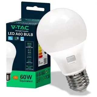V-Tac E27 Schraubglühbirne, 15W A60 LED Glühbirne, 3000K Warmweiß, 806 Lumen Glühbirne, Nicht dimmbar, Thermoplastisches Gehäuse, 200° Abstrahlwinkel, Weiß