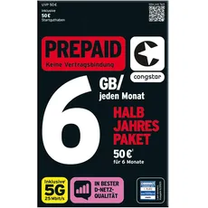 congstar Prepaid HALBJAHRESPAKET SIM-Karte ohne Vertrag I Prepaid-Paket für 6 Monate in D-Netz-Qualität I 6 GB LTE mit 25 Mbit/s + 50€ Startguthaben I Telefonie & SMS Flat I EU-Roaming inkl.