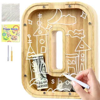 Lakpopya Spardose für Kinder Jungen Mädchen Sparschwein Kinder Spardose Personalisiert Durchsichtig Spardose Buchstabe Holz A-Z mit Zielbereich & Aufkleber & Marker, Taufe Geschenk Dekoration (O)