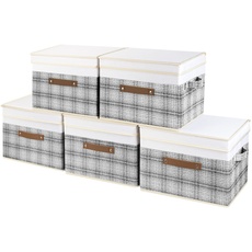 TYEERS Faltbare Aufbewahrungsbox mit Deckel, Stoff, Patchwork-Design, Kisten Aufbewahrung mit Deckel, 38x25x25 cm, 5-Stück, Grau