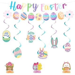 XCSJ Ostern Deko Set, 11 Stück,Ostereier Deko Banner, Hängende Wirbel und Ostern deko Bienenwabe Mittelstück für Osterfeier Drinnen Draußen Garten Party Dekoration (Mehrfarbig)