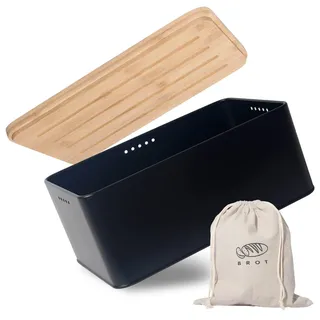Theo&Cleo Brotkasten mit Schneidebrett , 33x21x15cm , Matte Brotbox mit Bambusdeckel und Leinen Brotbeutel , Rundum Belüftung , Brotkorb für langanhaltende Frische Schwarz
