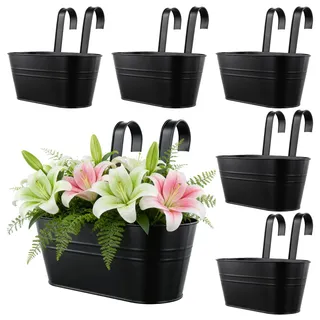 ZEONHEI 6 Stück Hängende Blumentöpfe Metall, Schwarz Hängetöpfe Balkon, Blumentöpfe zum Aufhängen Hängetopf mit Haken für Balkon Zaun Fenster Garten, 27 x 14,5 x 12cm