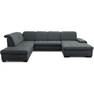 CAVADORE Wohnlandschaft Lexi / Große U-Form mit XXL-Longchair rechts und Kopfteilverstellung / Leichte Fleckenentfernung dank Soft Clean / 329 x 82-99 x 224 / Flachgewebe: Dunkelgrau