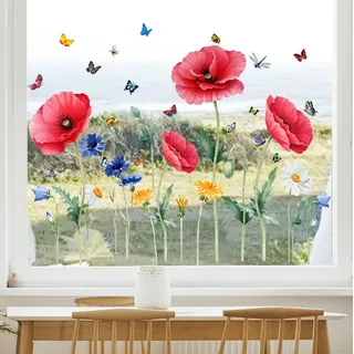 WandSticker4U®- XXL Fenstersticker MOHNBLUMEN rot (88x57 cm) I Fensterbilder Frühling Blumen selbstklebend Wohnzimmer Schlafzimmer Bad Küche I Frühlingsdeko Fenster Aufkleber wiederverwendbar GROß