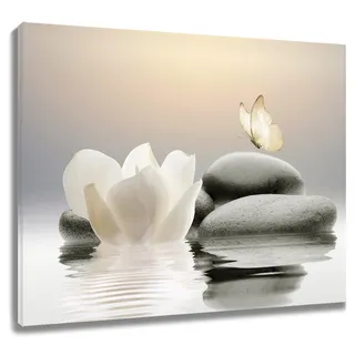 EOBTAIN Zen Stone Leinwand-Kunst, weiße Blume und gelber Schmetterling am See, Wandkunst für Badezimmer, Wohnzimmer, Schlafzimmer, modernes spirituelles Yoga, Spa, Wanddekoration, Zen-Kunst, 40,6 x