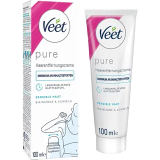 Veet Pure Haarentfernungscreme für Bikinizone & Achseln - Enthaarungscreme für sensible Haut - 100 ml Tube mit gewölbtem Applikator & Spatel