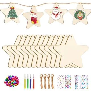 36 Stück Holzsterne Holzanhänger Weihnachten Bastelset für Kinder,Weihnachtsbasteln Weihnachtsdeko Holz Weihnachtsanhänger Baumschmuck Weihnachten Geschenkanhänger Deko Holzsterne Weihnachtsbaum