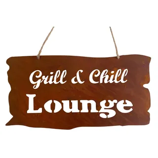 khevga Metallschild Rost Grillen & BBQ - Rost-Deko Hängeschild "Grill & Chill Lounge" - Rustikale Gartendeko für Outdoor Küche & Terrasse - Geschenkidee für Männer
