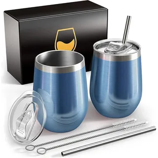 FloweryOcean 2er Set Edelstahl Weinbecher 12OZ, BPA-frei, doppelwandig isoliert, 5h heiß/ 10h kalt, Hellblau