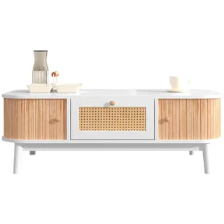 Redom Couchtisch, MDF mit Massivholztüren und Rattan-Details, 110/55/38,5 cm, Weiß und Naturfarben , Holzwerkstoff , 55x38.5x110 cm , Wohnzimmer, Wohnzimmertische, Couchtische