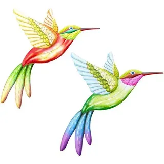 Unyqoos® Große bunte Kolibri-Wandskulpturen, 2er-Set (22 x 26 cm), Metall, wetterbeständig – farbenfrohe Wanddeko für Garten, Terrasse & Zuhause