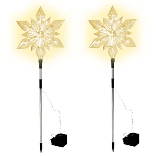LED Gartenstecker Stern 2er Set mit Timer - 66 x 23 cm - Garten Deko Weihnachts Beleuchtung warm weiß - Weihnachten Winter Advent Außen Dekoration Batterie betrieben - Transparent