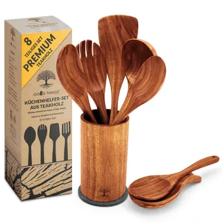 GOOD THINGS - Teakholz-Kochbesteck Set - 8-teiliges Kochlöffelset aus Holz - Langlebig & Natürlich - Hitzebeständig & Praktisch - Holzlöffel Set - Küchenutensilien - Küchenhelfer - Holzgeschirr