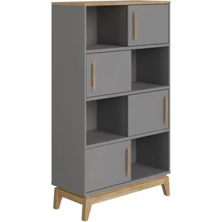 Standregal PAIDI "STIENE in Beige oder Grau, 8 Fächer, 4 Schiebetüren mit Soft-Close", schiefergrau, eiche massiv, B:95cm H:161cm T:40cm, Holzwerkstoff, Massivholz, Regale, Standregal, modernes und langlebiges Regal mit Massivholz, Highboard