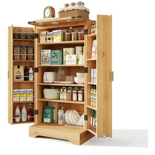 Stilvora Küchenschrank in Naturfarbe Küchenbuffet mit LED-Sensorlicht und Gewürzregal für Küchen und Esszimmer, B60.5/T40/H120 cm , Naturfarben , Holzwerkstoff , Rechteckig , 60.5x120x40 cm , Kleinmöbel, Kommoden, Highboards
