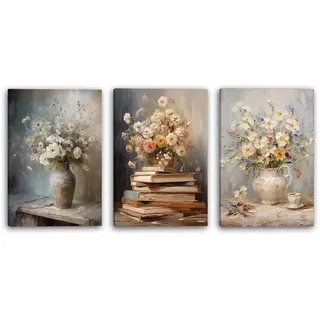 YunBey 3er Set Vintage Blumen Gemälde | 3-teiliges Set mit floralen Motiven, Ideal für Wohnzimmer, Schlafzimmer und Esszimmer. 40 x 30 cm pro Bild