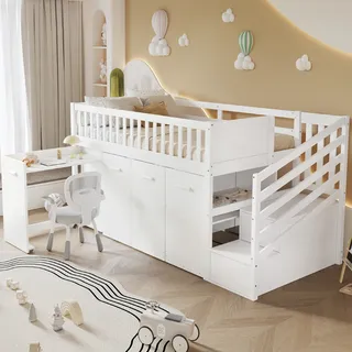 Flieks Etagenbett 90x200cm mit Herausnehmbarem Schreibtisch, Kinderbett Hausbett mit Gaderobe & Schrank, Hochbett mit Treppe, Stockbett Holzbett, Weiß - Weiß