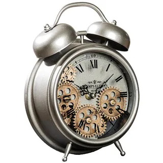 Tischuhr , Silberfarben , Metall, Kunststoff , 19.5x25.5x7.5 cm , leises Uhrwerk , Dekoration, Uhren, Tischuhren