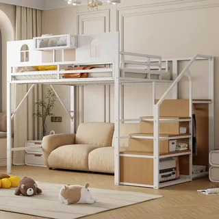 Flieks Etagenbett 140x200cm mit Kleiderstange und Staufach, Hochbett mit Treppe, Kinderbett Jugendbett Metallbett mit Rausfallschutz und Lattenrost - Weiß