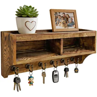 TopEsct Schlüsselbrett mit Ablage aus Holz, Schlüsselhalter Wand mit 6 Haken, Stabile Schraubenmontage für Flur & Eingangsbereich - Massivholz Kiefer 35,5 x 14,5 x 9,6 cm