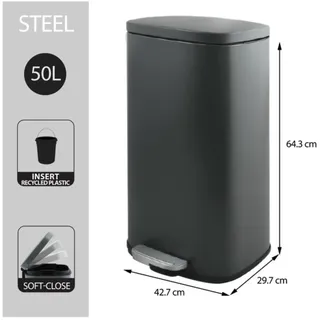 Spirella Abfalleimer 50 Liter Edelstahl mit Absenkautomatik und Inneneimer "Akira" Küche Mülleimer Softclose Abfalleimer grau matt - Grau