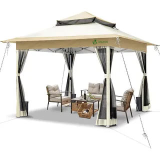 VOUNOT Pavillon Faltbar 3.6x3.6m, UV Schutz 50+ & Wasserdicht & Stabil, Pop Up Faltpavillon mit 4 Seitenteilen/Moskitonetz, Gartenzelt Partyzelt Gartenpavillon mit 4 Gewichte, Tasche, Beige