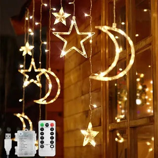 Jsdoin LED Lichterkette, 138 LEDs 3,5m Sterne Mond Vorhang Lichter mit 8 Blinkmodi Dekoration für Weihnachten, Fenster,Hochzeit, Party, Zuhause, Terrasse, Ramadan Deko, Rasen (B - Warmweiß)
