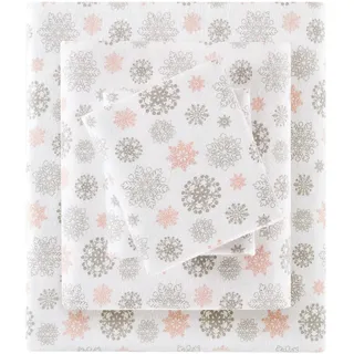 Sleep Philosophy True North Kuscheliges Flanell-Bettwäsche-Set, warm, 100% Baumwolle, Motiv: Tiere und Sterne, niedlich, ultraweich, für kaltes Wetter, Doppelbett, XL, rosa/graue Schneeflocken,