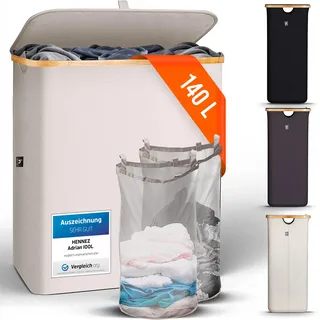 HENNEZ Wäschekorb mit Deckel 2 Fächer Wäschekorb Beige - Grau 140L Wäschesack schmal - Wäschesortierer Wäschebox Wäschetonne Wäschesammler mit Deckel Wäschetruhe Wäschekörbe laundry baskets