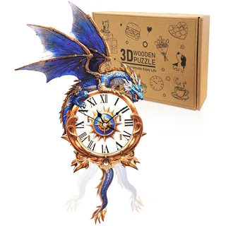 Cutywood 3D Holzpuzzle Uhr, Blauer Drache Clock Modellbausatz, Dekorative Wand-Schreibtischuhr, Mechanisches Modell mit Pendelmechanismus, 3D Puzzle Uhren Geschenke für DIY-Liebhaber
