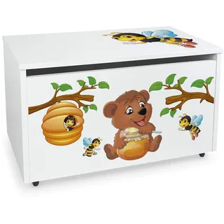 Leomark Spielzeugkiste aus Holzwerkstoff, 91 L, Sitzbank, Rollen, Bär | Maße 71x40x46 cm, Deckel mit Absenkmechanismus, 18 mm Möbelplatte, Metallscharniere, Innenmaß 66x36x38 cm, Selbstmontage
