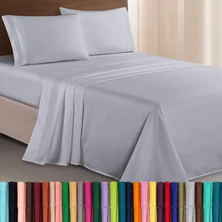 Elegant Comfort Luxuriöses 1500 Premium-Bettwäsche-Set aus Mikrofaser in Hotelqualität, dreireihig, Bestickt, weichstes 4-teiliges Bettlaken-Set, Knitter- und lichtbeständig, Queen, Silber-Hellgrau