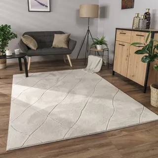 Paco Home Teppich Wohnzimmer Schlafzimmer Kurzflor Boho Skandi Raute 3D Grau Anthrazit 160x220 cm, Creme