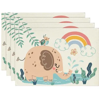 Artoid Mode Elefant Regenbogen Dschungel Kinder Platzsets 4er Set, 30x45cm Tischset Waschbar Platzdeckchen Küche Party Deko